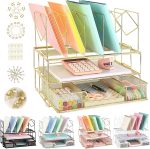 Youbetia Desk Organizers and Accessories - Double Tray and 5 Upright Sections, Office Supplies Desk Organizer with Drawer, File Office Organization with Binder Clips, Gold